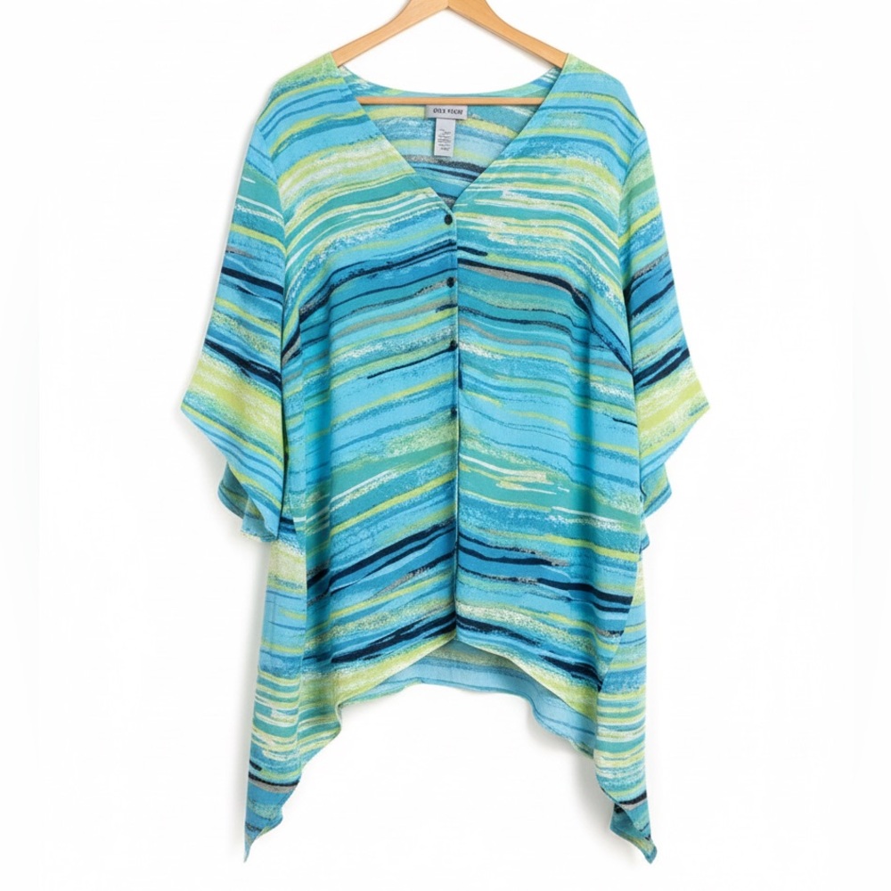 Catherines NWOT Striped Button Down Top Flowing 3/4 Sleeves Beach Pool Cruise